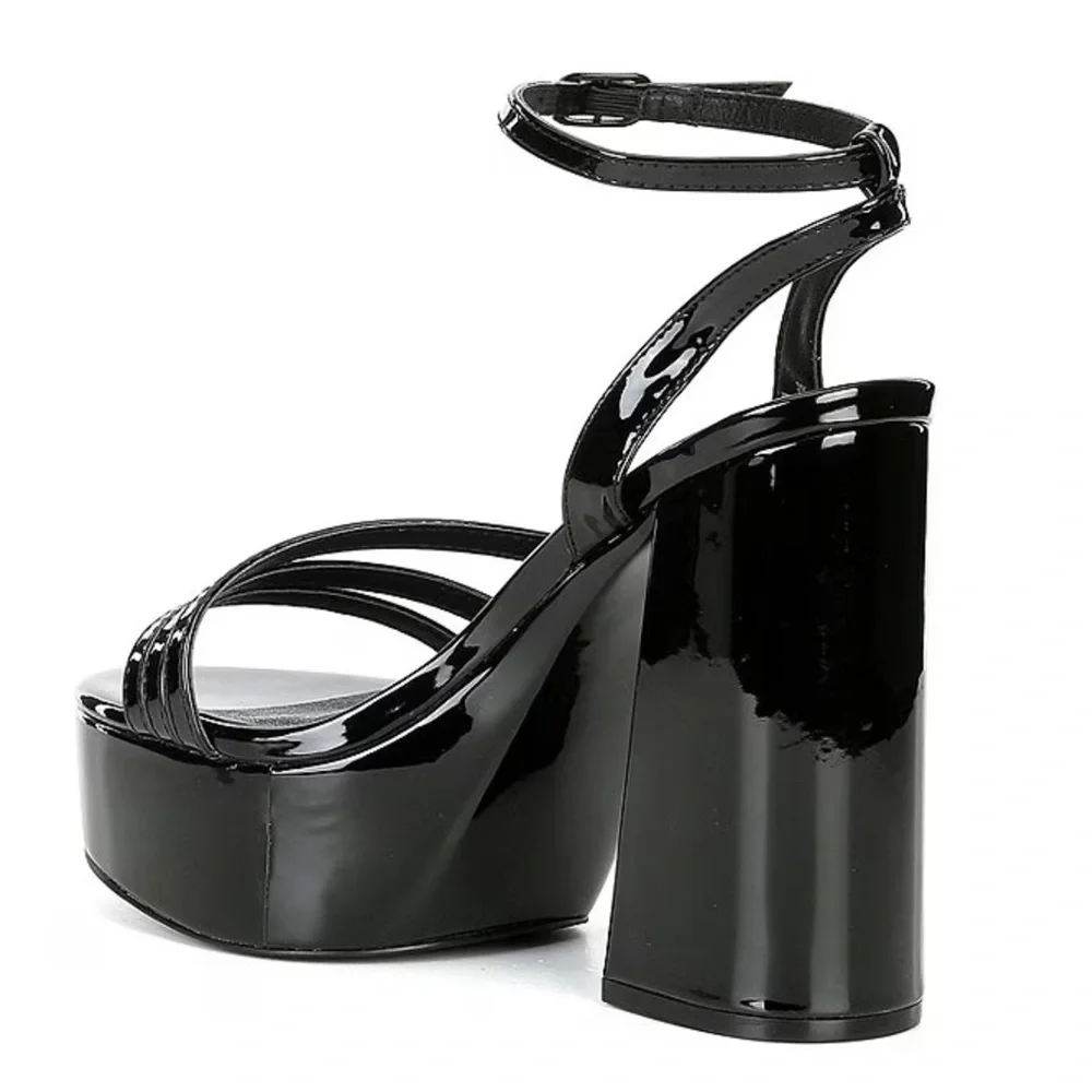 NEW Chelsea & Violet Debbie Patent Ankle Strap Platform Dress Sandals in Black